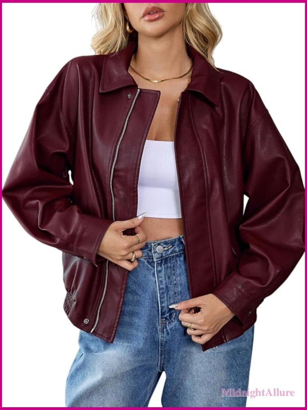 Women's Faux Leather Zip Up Bomber Jacket Oversized Winter Coat Outerwear